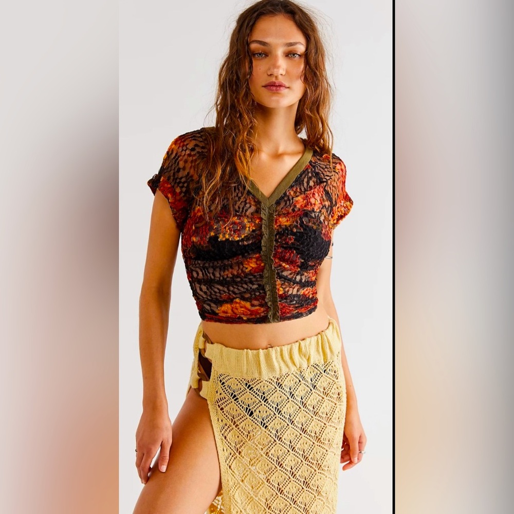 Free People Solana Sheer Crop Top Short Sleeve Shirt Women’s  NWOT